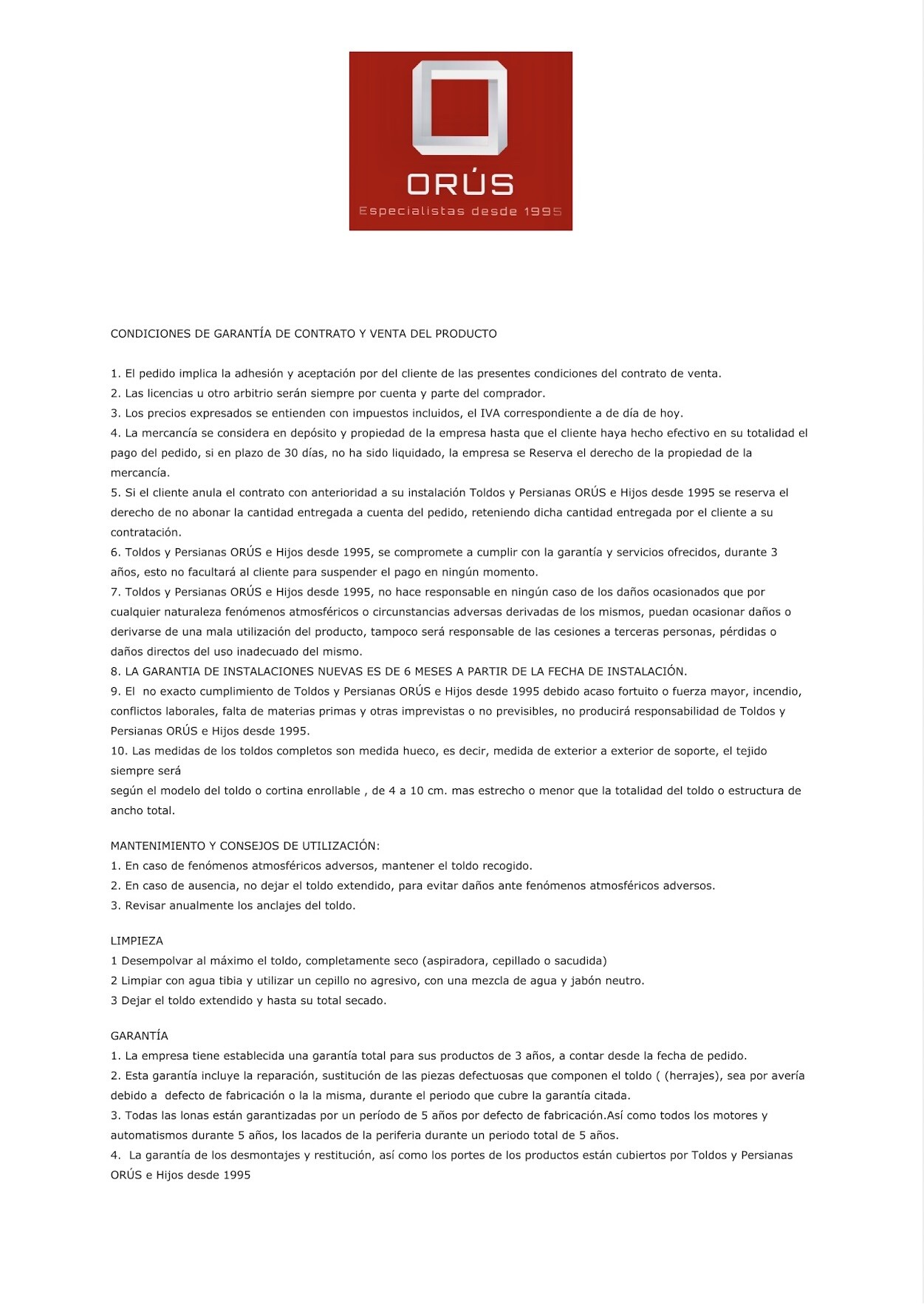 Condiciones y Garantía pagina 1